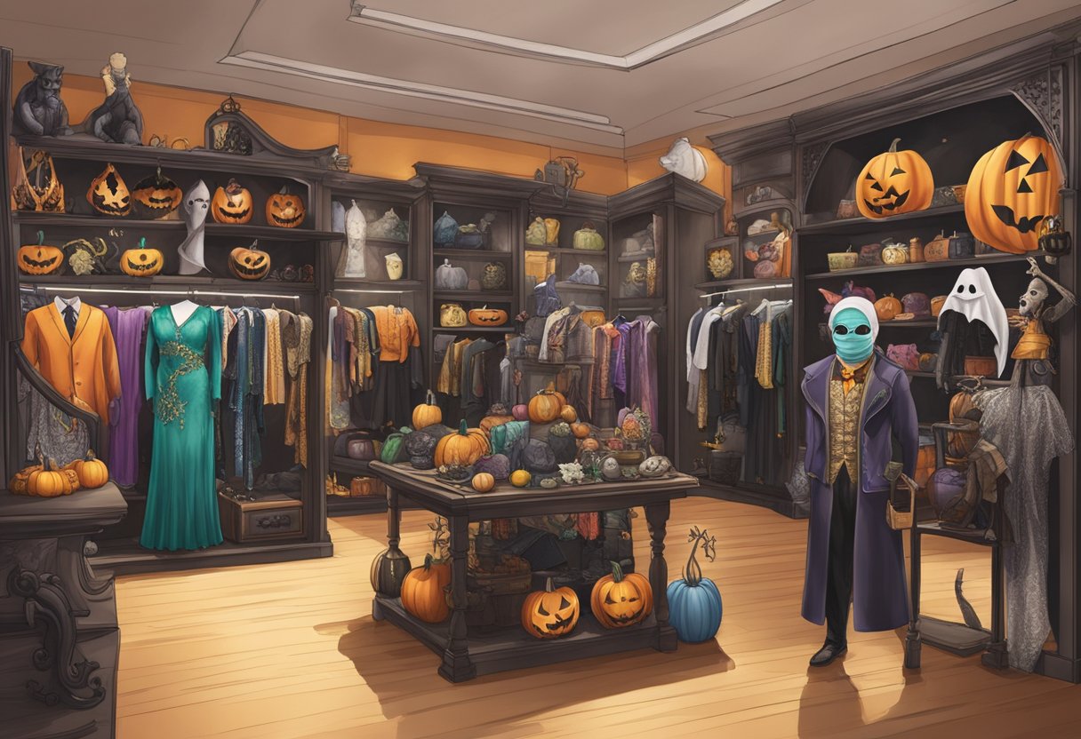 A display of Halloween outfits in a Singapore store, featuring costumes, masks, and accessories for all ages and themes