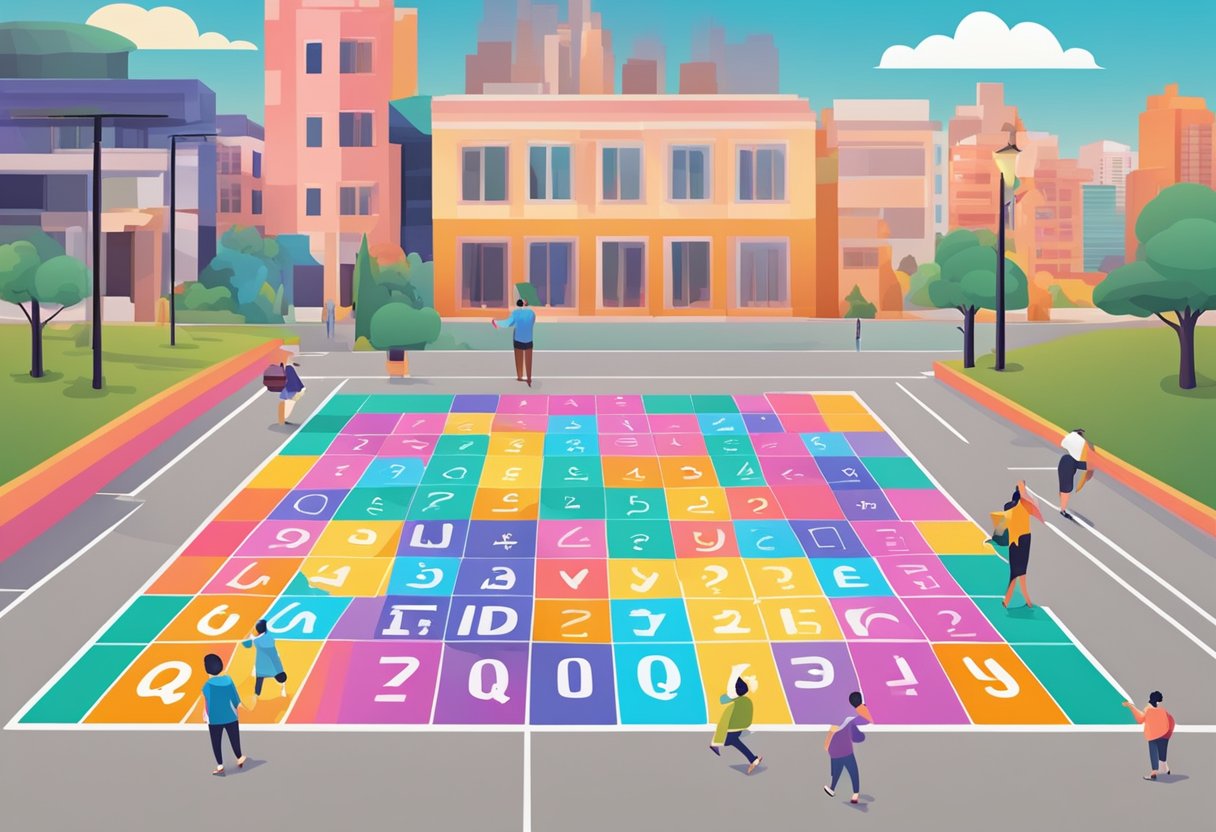 A colorful hopscotch grid with "Frequently Asked Questions" written in bold letters, set against a Singaporean backdrop