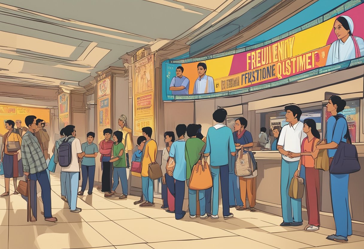 Indian movie posters displayed in a bustling Singapore cinema lobby. Patrons line up to buy tickets while a colorful banner advertises "Frequently Asked Questions" film