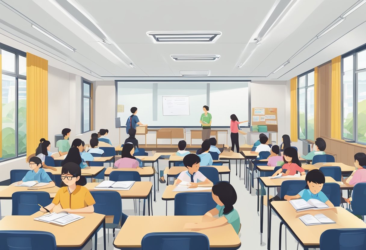 A bustling classroom in a top IB school in Singapore, with students engaged in group discussions and teachers guiding them through challenging coursework