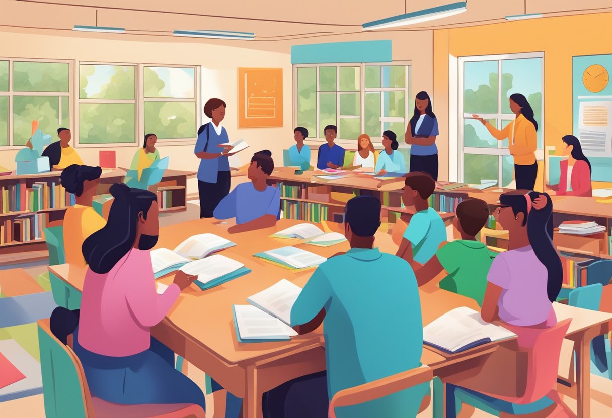 Students and teachers engaging in discussion, surrounded by books and educational materials in a vibrant classroom setting