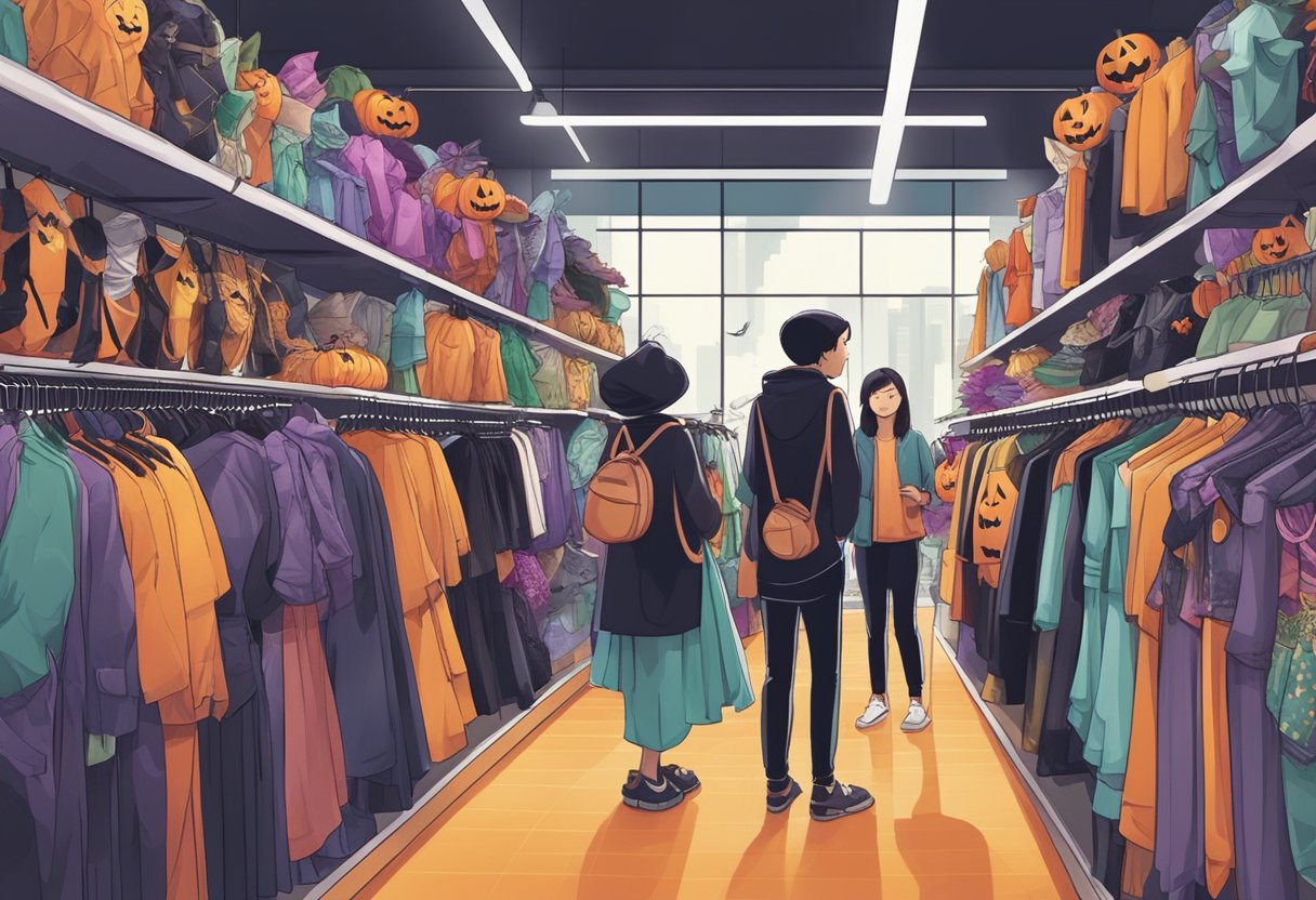 A group of people browsing through racks of Halloween costumes in a store in Singapore, with colorful and spooky outfits on display