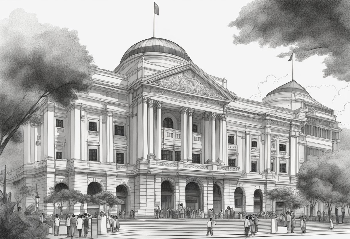 The iconic Singapore Repertory Theatre stands tall against the city skyline, its sleek modern architecture drawing the eye. A bustling crowd gathers outside, eager for the next performance