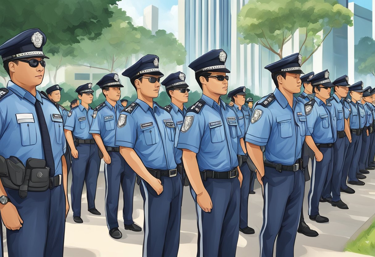 Police officers in uniform attending training and career development workshops in Singapore, with a focus on professional growth and skill enhancement