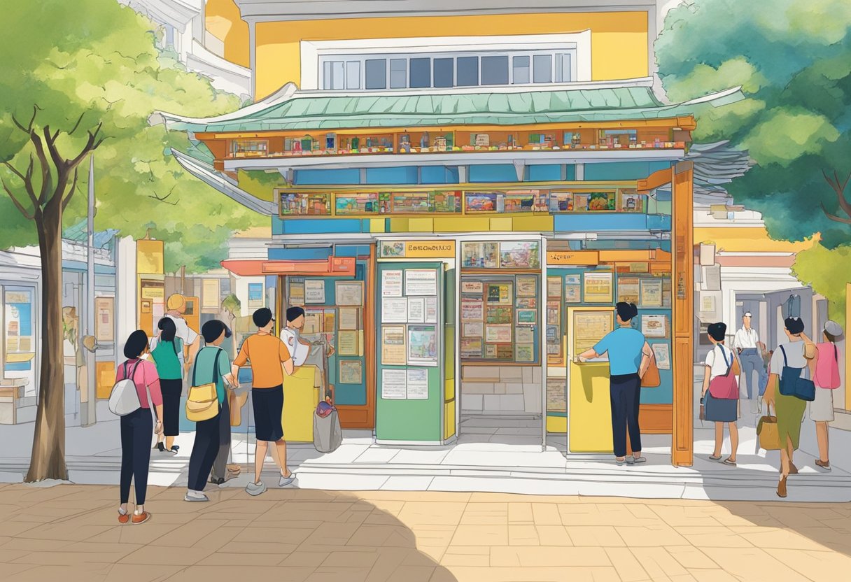 A vibrant and bustling Visitor Information booth at the Singapore Repertory Theatre. Brightly colored brochures and maps line the walls, while a friendly staff member assists a group of tourists
