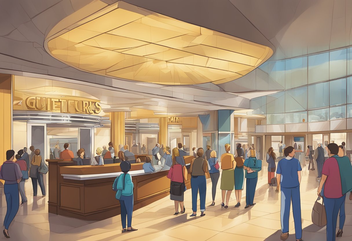 A bustling theater lobby with a prominent "Frequently Asked Questions" sign, people chatting and queuing for tickets, and staff assisting patrons