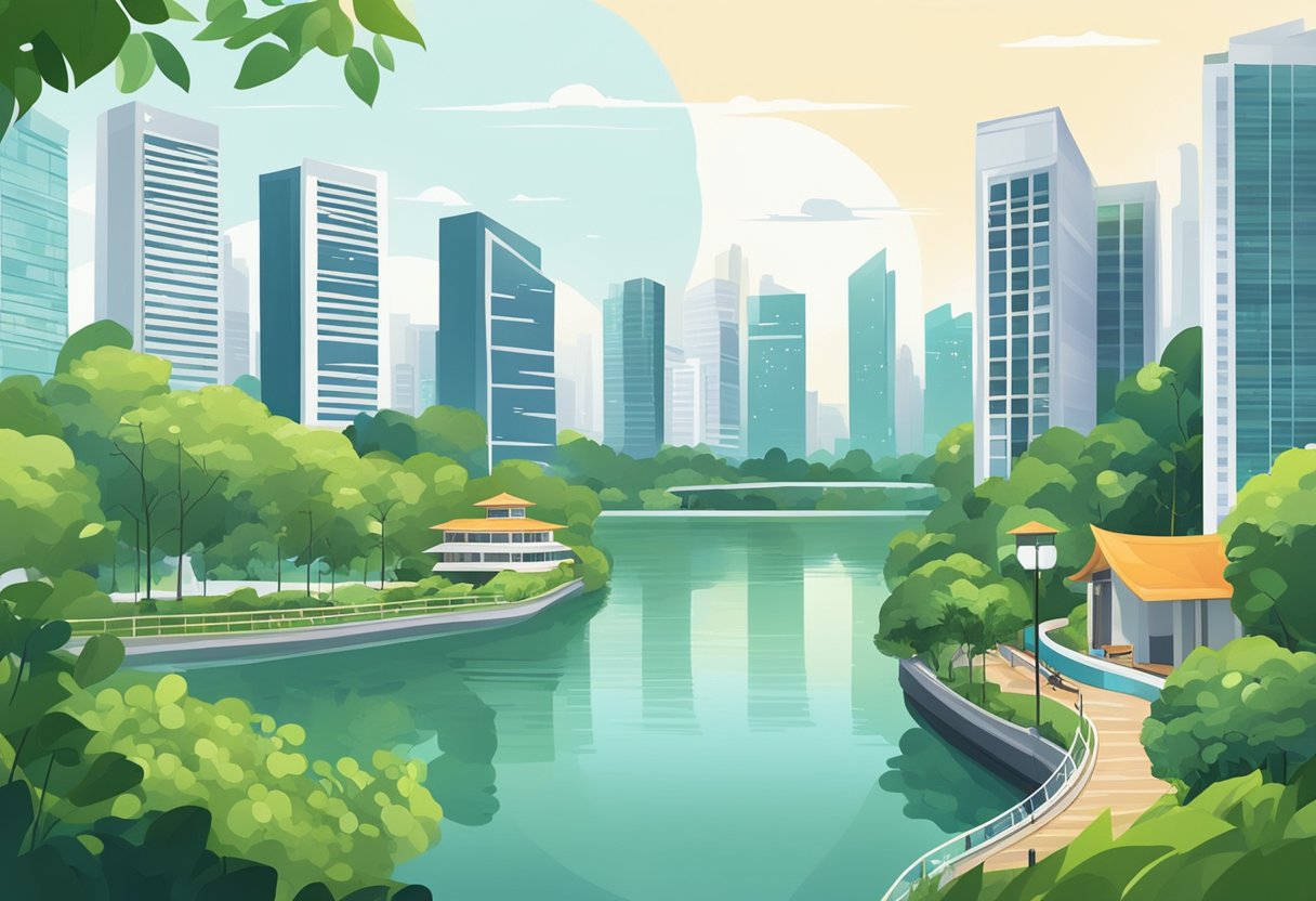 A serene cityscape with modern buildings, lush greenery, and a tranquil river, symbolizing passive income in Singapore