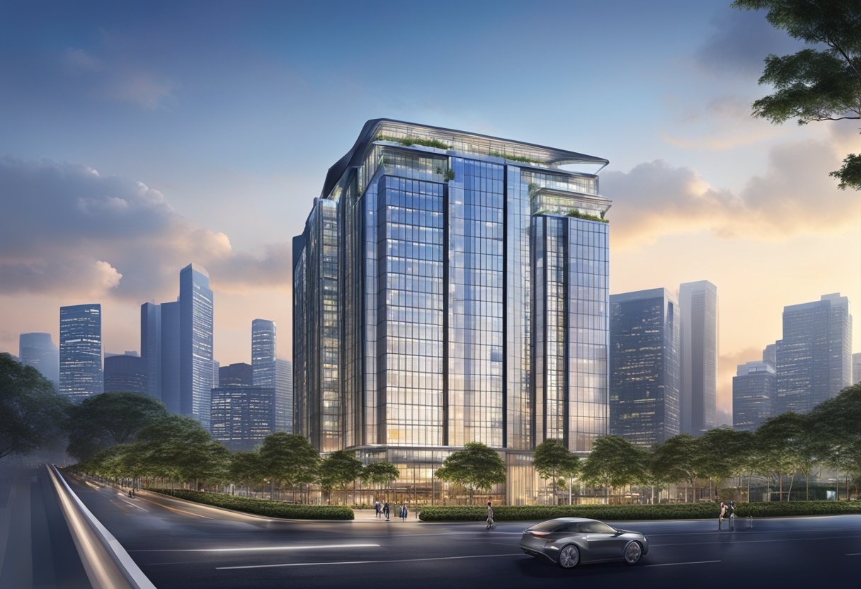 The Hoya Electronics Singapore building stands tall and modern against the city skyline, with sleek glass panels and a distinctive architectural design