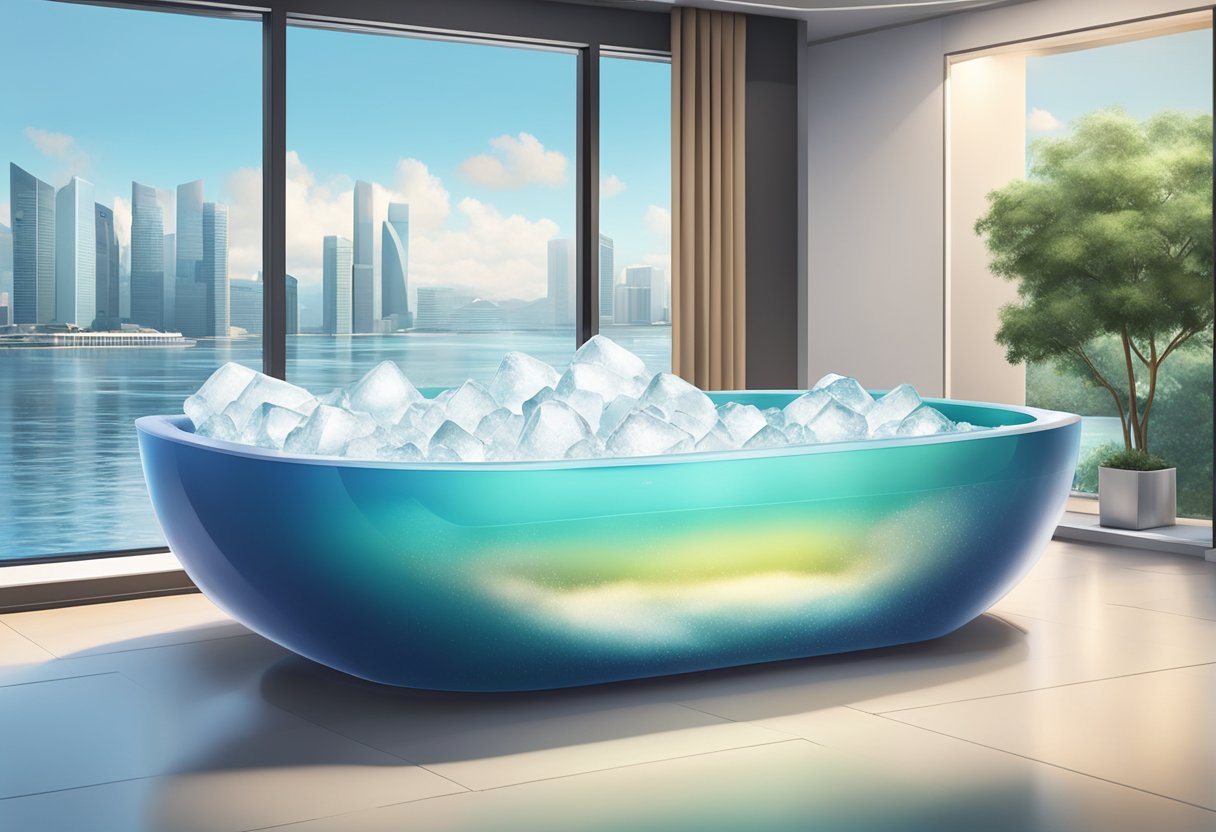 A large tub filled with ice sits in a modern, sleek room in Singapore, steam rising from the icy water