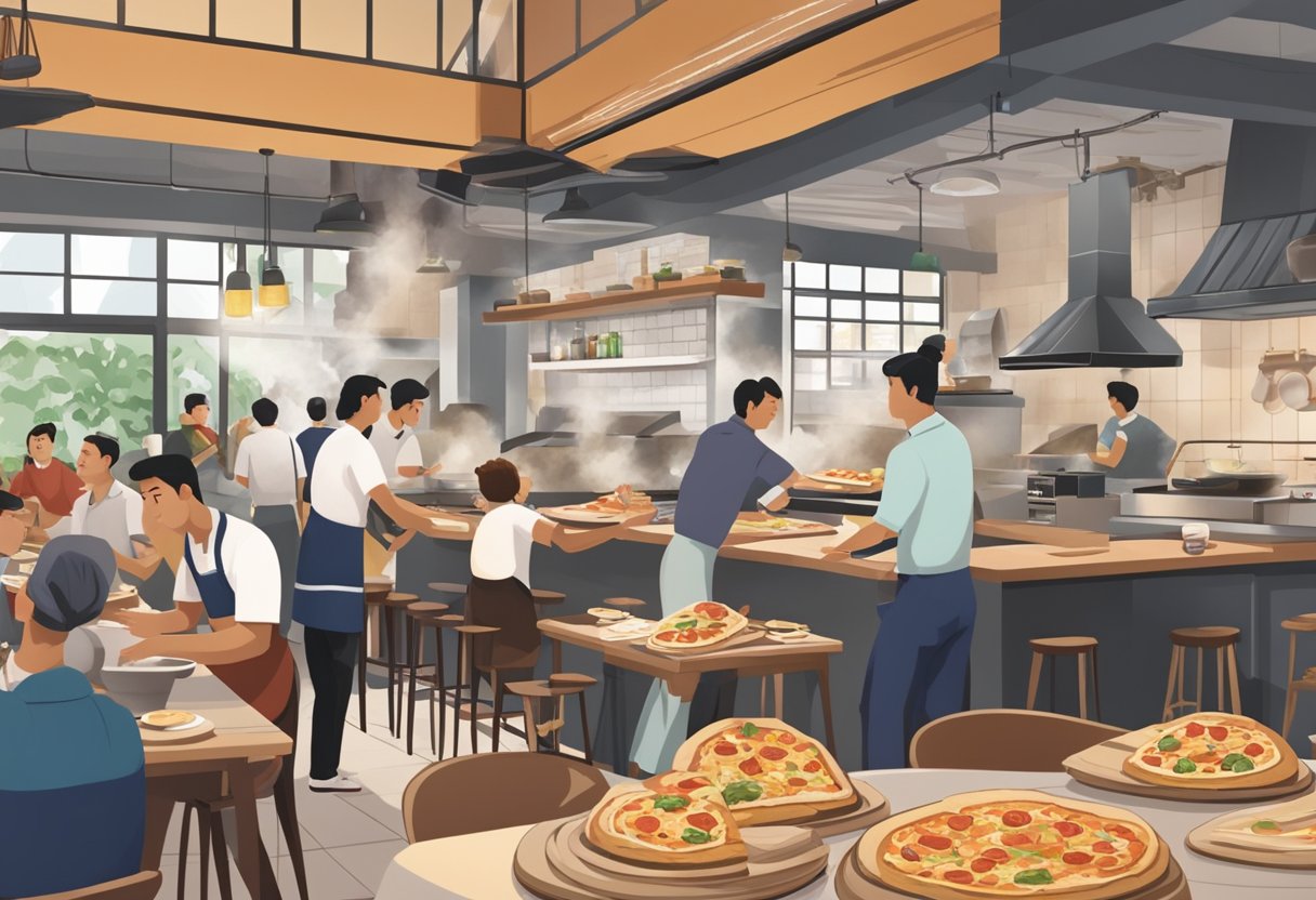 A bustling pizzeria in Singapore with a wood-fired oven, chefs tossing dough, and diners enjoying slices at tables