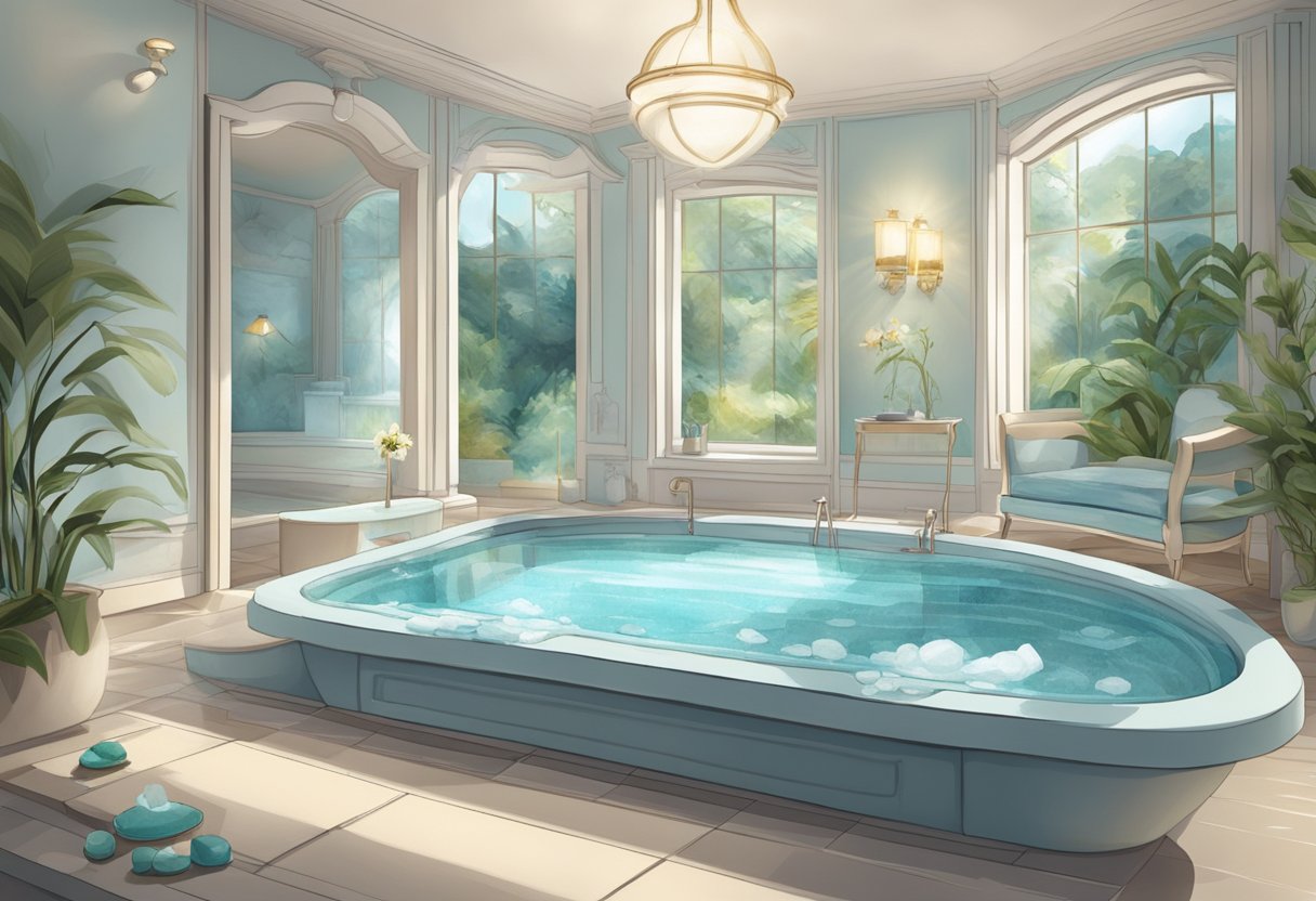 A serene spa room with a large tub filled with ice and surrounded by calming decor