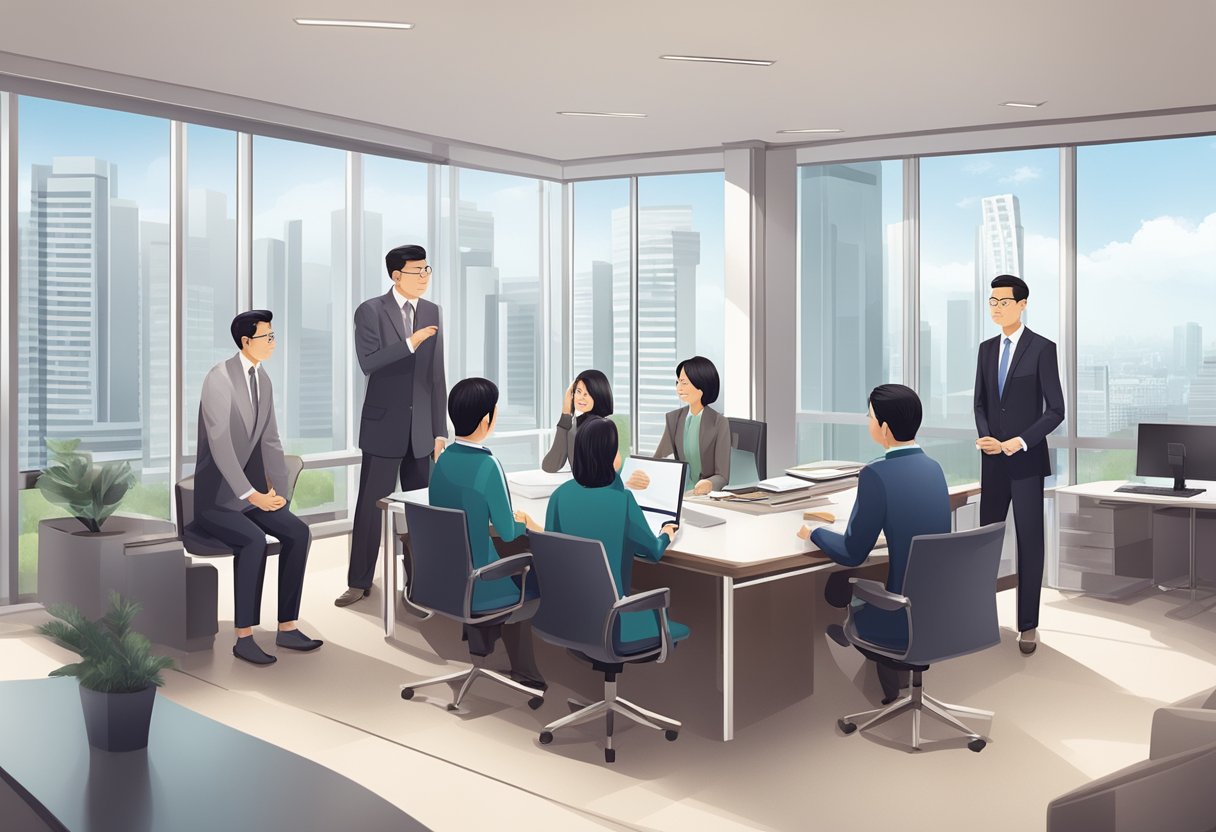 A family lawyer explaining Singapore's inheritance tax to a group of heirs in a modern office setting