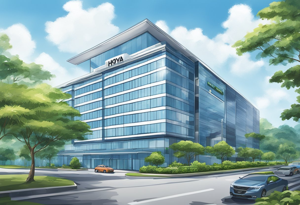 A modern office building with the company name "Hoya Electronics Singapore" prominently displayed on the exterior. Surrounding greenery and a clear blue sky add to the professional and inviting atmosphere