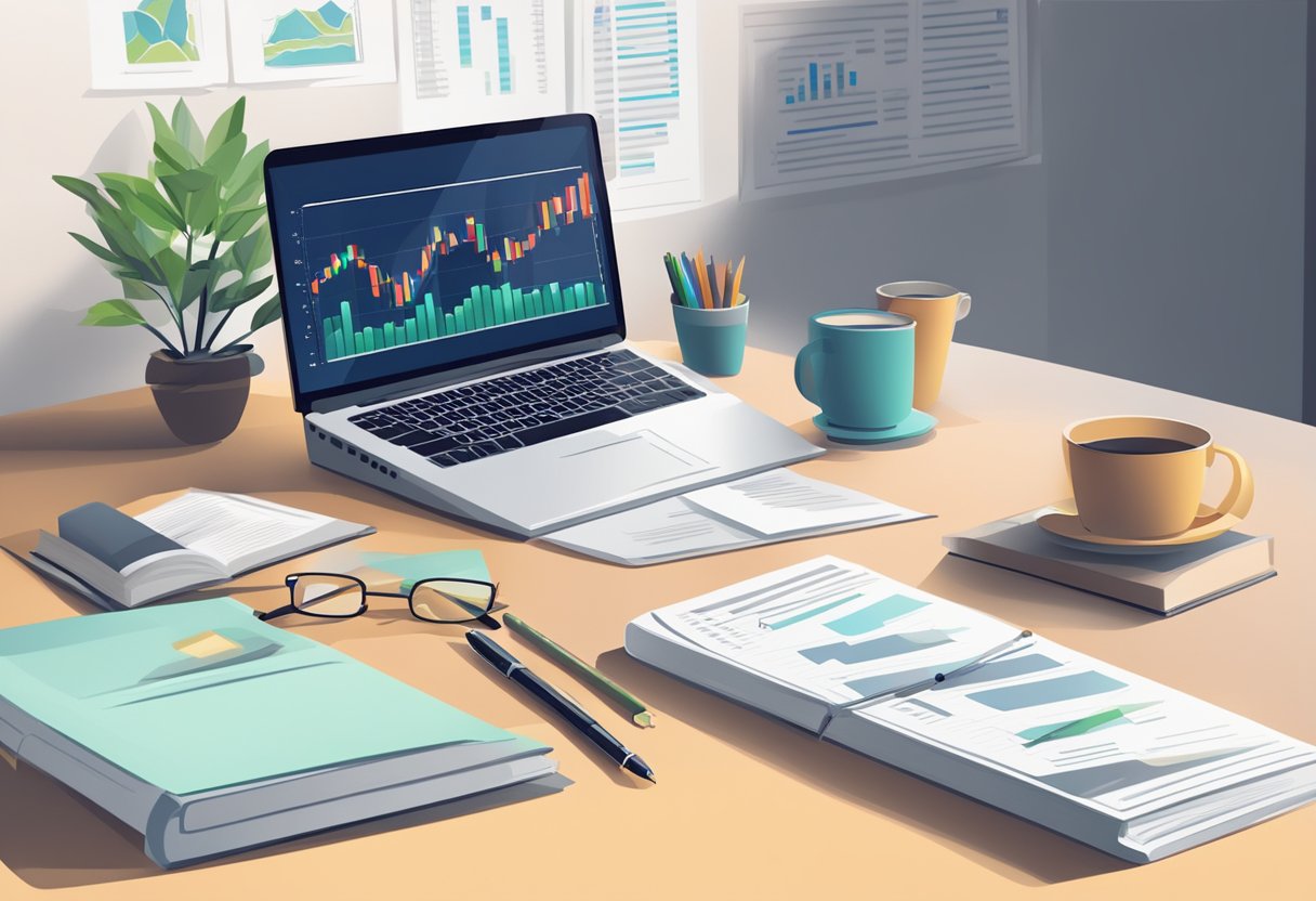 A desk with a laptop, notebook, and pen. A stack of books on investing and finance. A chart showing passive income growth