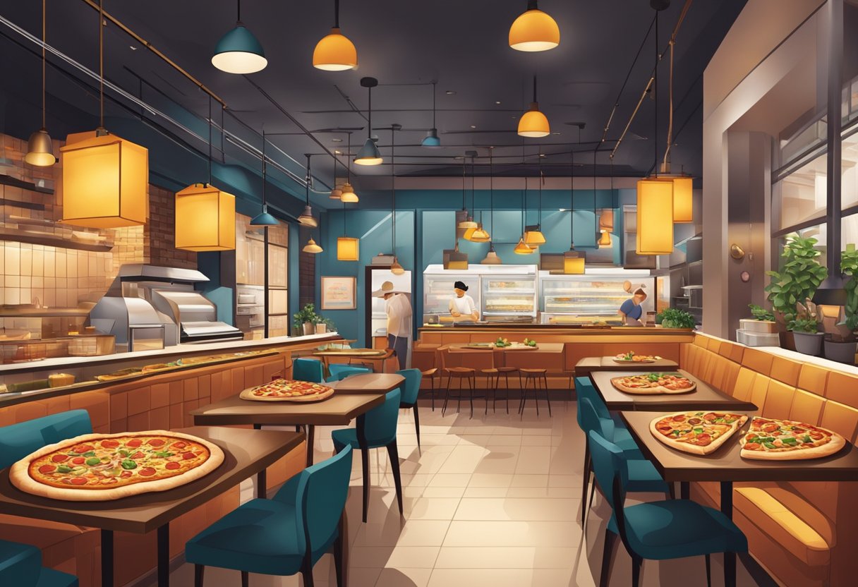 The bustling pizzeria in Singapore exudes a vibrant, modern atmosphere with sleek decor, warm lighting, and the tantalizing aroma of freshly baked pizzas