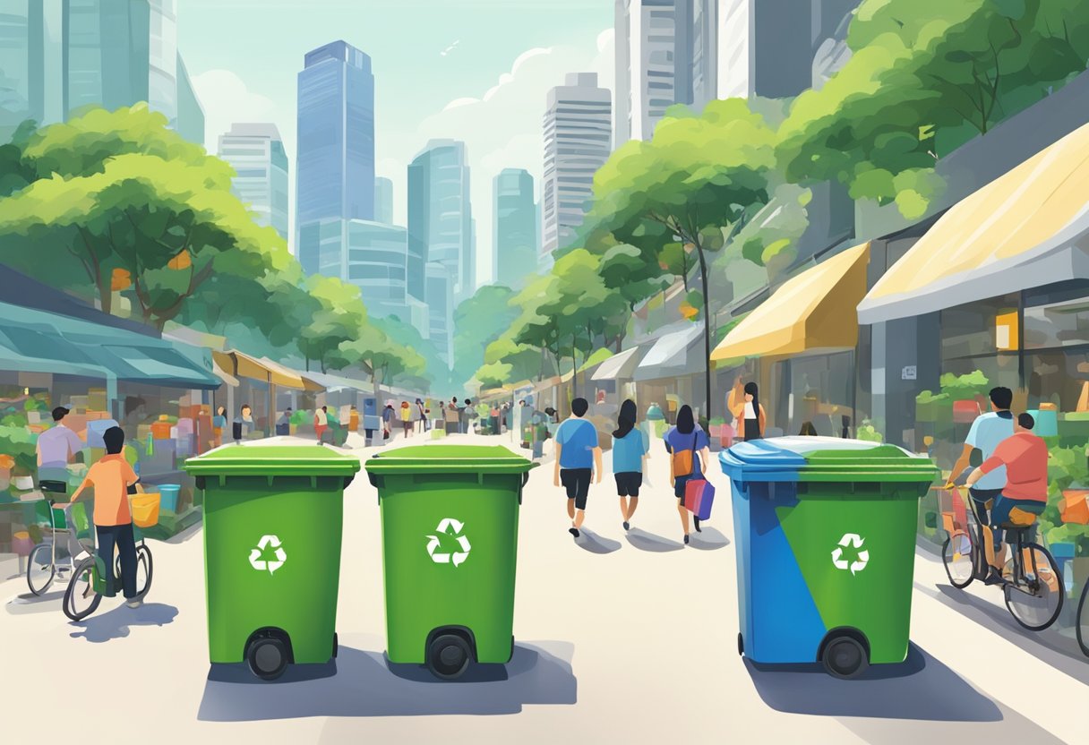 A bustling street in Singapore with colorful recycling bins lined up neatly, and people dropping off their recyclables. Tall buildings and lush greenery in the background