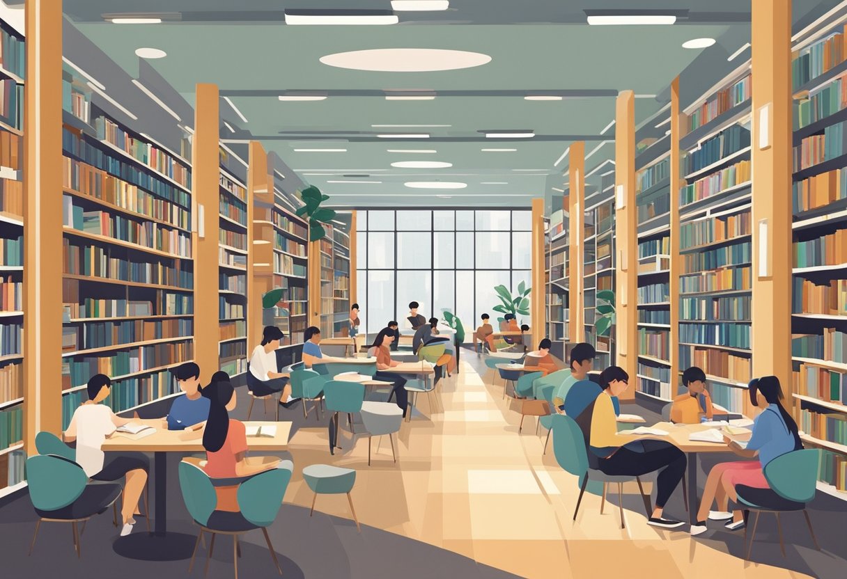 The public library in Singapore bustles with readers and students. The modern interior features sleek bookshelves and cozy reading nooks. A diverse group of people peacefully enjoy the space