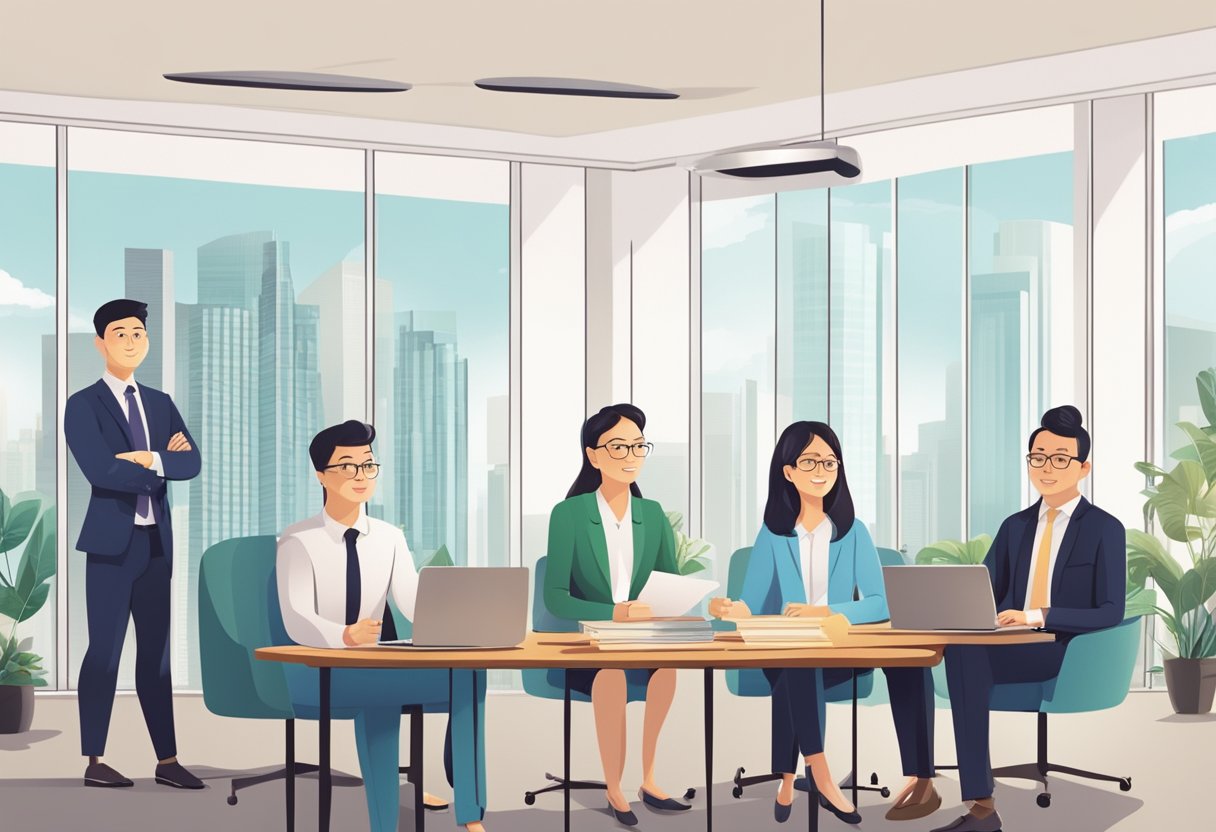 A family lawyer explains inheritance tax laws in Singapore to a group of attentive clients in a modern office setting