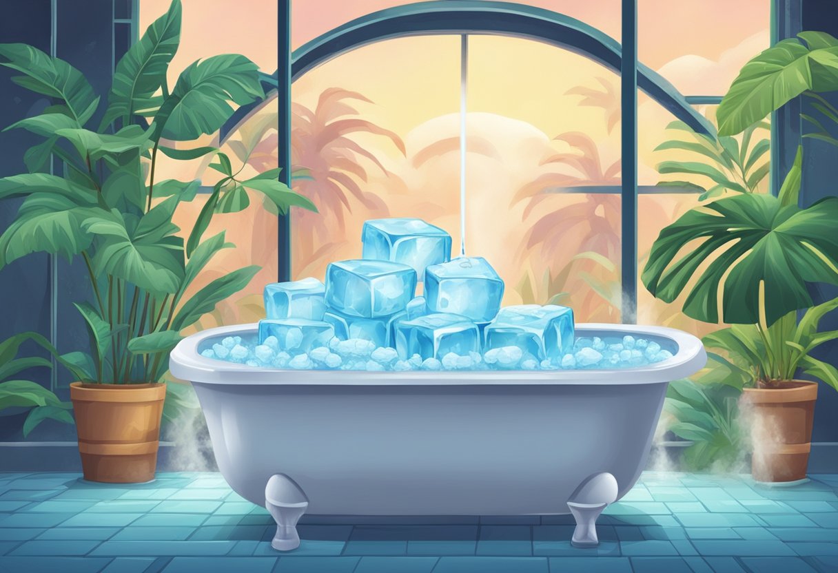 A large bathtub filled with ice cubes, surrounded by a steamy room with tropical plants. A thermometer reads a cool 10 degrees Celsius