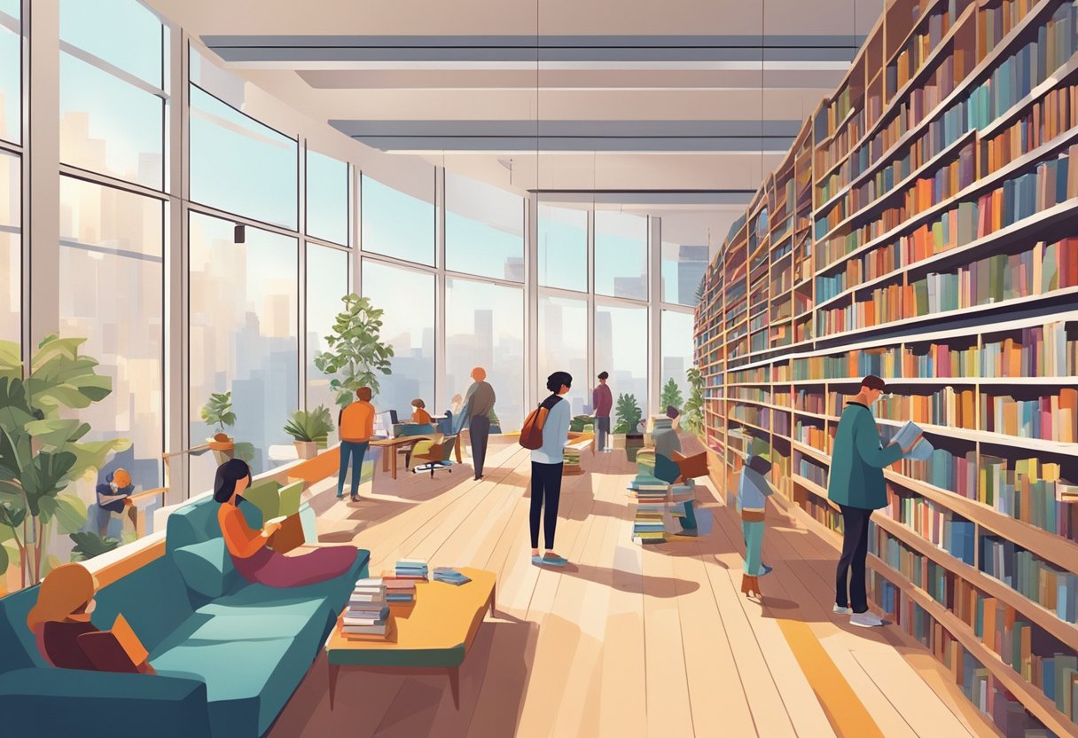 People browsing books in a modern, airy library with floor-to-ceiling windows, colorful bookshelves, and cozy reading nooks