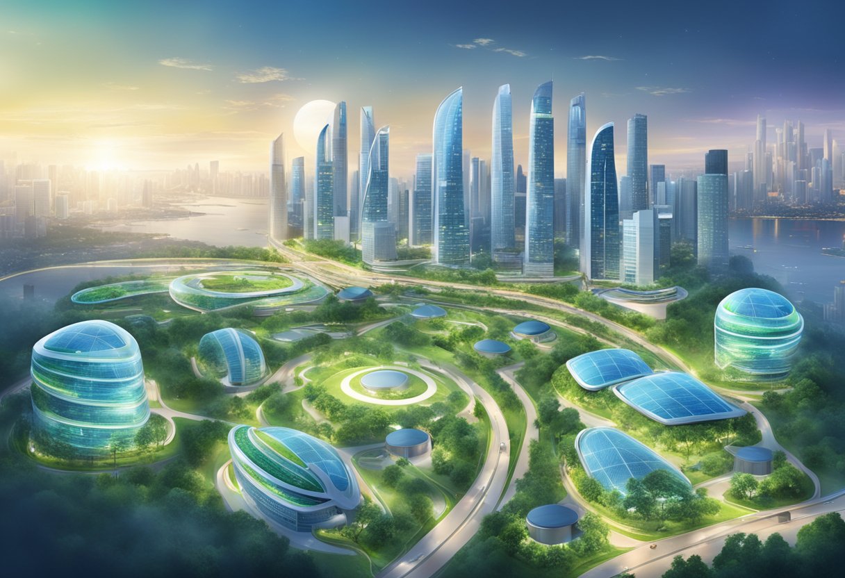 A futuristic city skyline with renewable energy sources and green infrastructure, showcasing Hoya Electronics' commitment to innovation and sustainability in Singapore