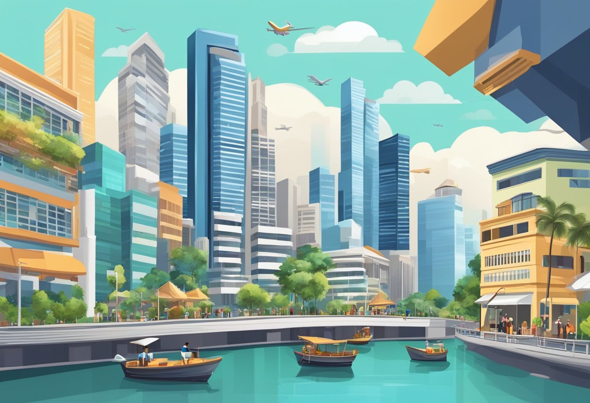 A bustling Singapore cityscape with various income-generating activities: rental properties, stock market trading, online businesses, and dividend investments