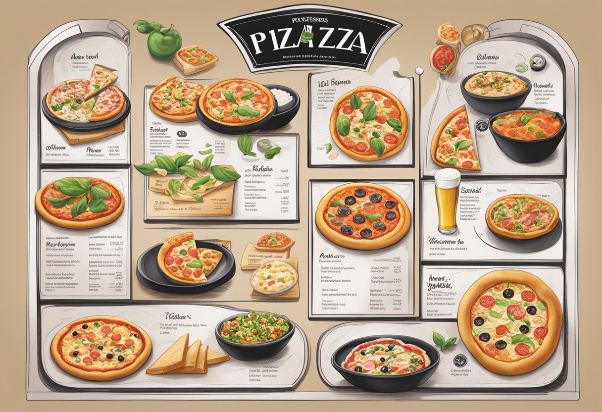 A menu board with various pizza options and services offered at Pizza Express Singapore