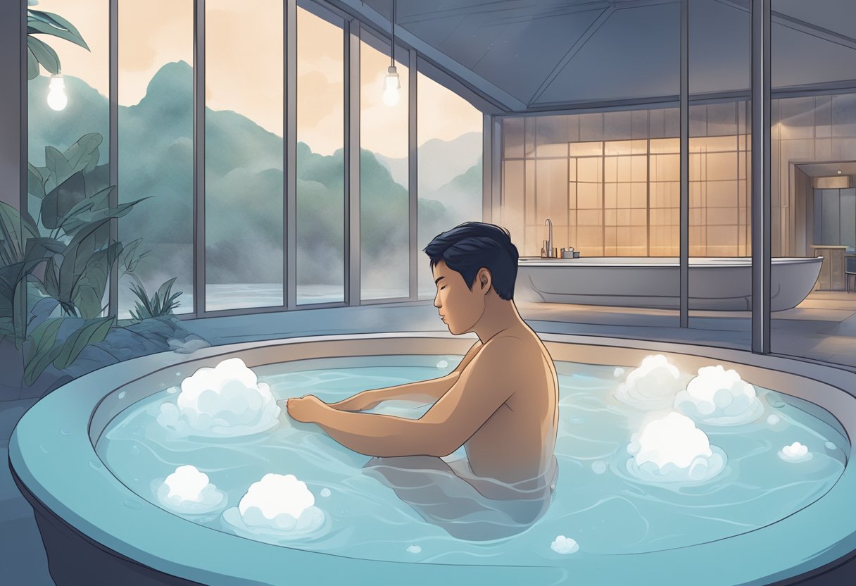 A person sitting in an ice bath with steam rising, surrounded by a serene spa setting in Singapore