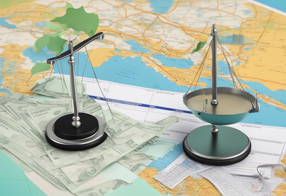 A scale weighing money and legal documents, with a tax form and a map of Singapore in the background