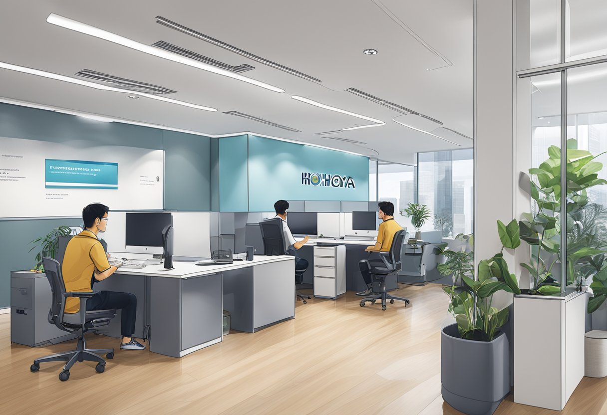 The Hoya Electronics Singapore office, with employees working at their desks and a sign displaying "Frequently Asked Questions" prominently in the reception area