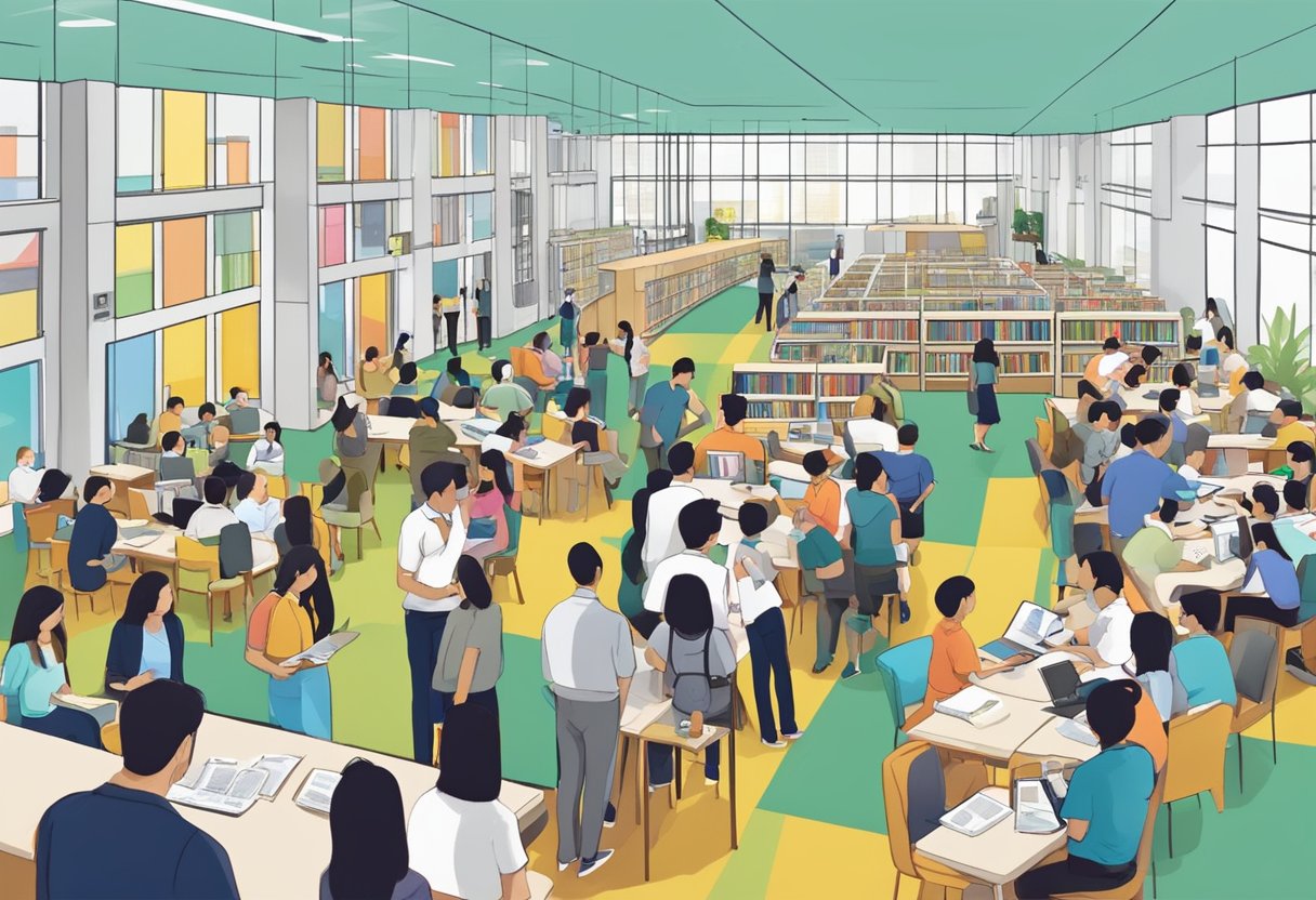 People gather at the public library in Singapore for an engagement event. The space is filled with excitement and anticipation as attendees mingle and participate in various activities
