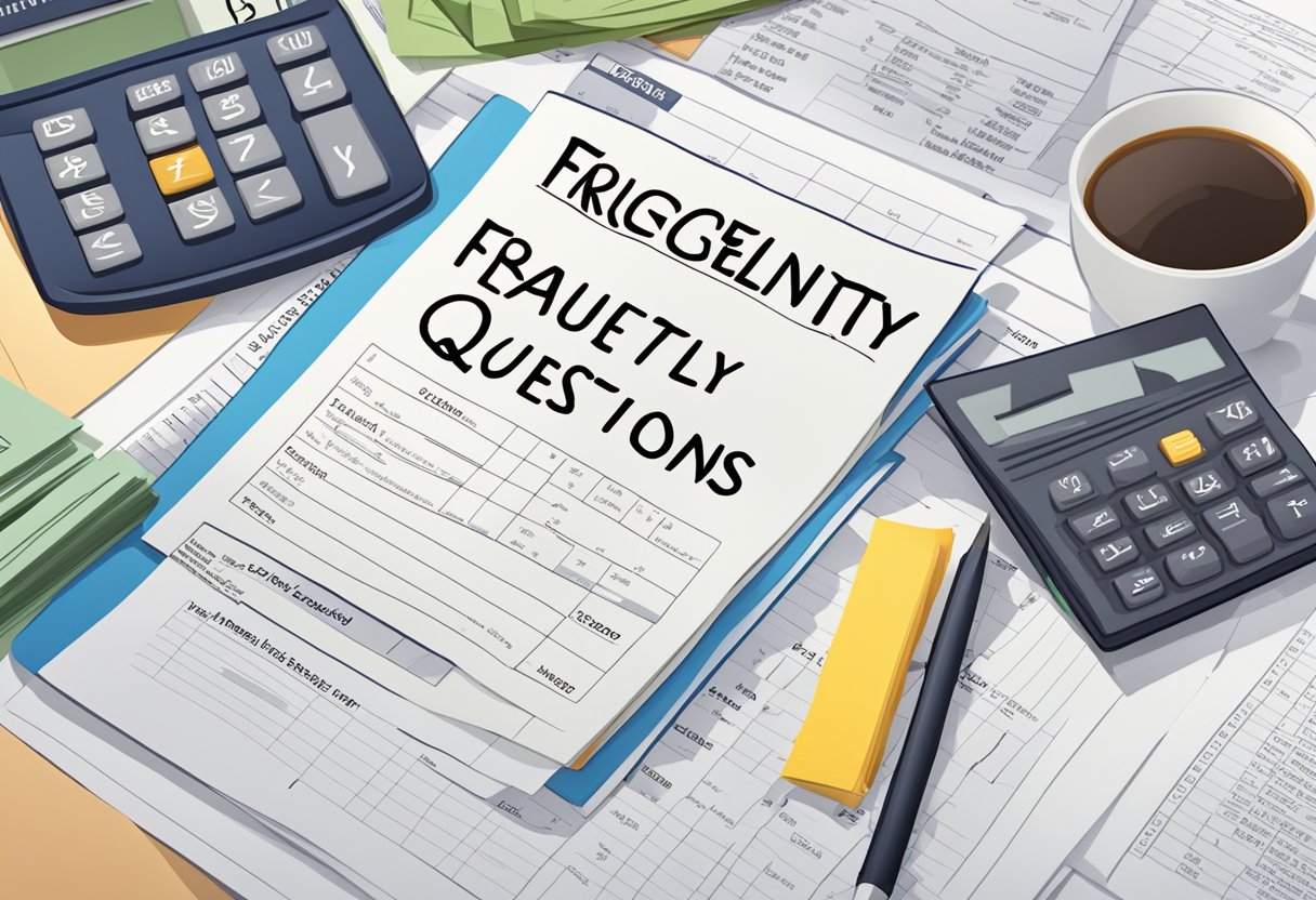 A stack of papers with "Frequently Asked Questions" on top, surrounded by financial documents and a calculator, representing inheritance tax in Singapore