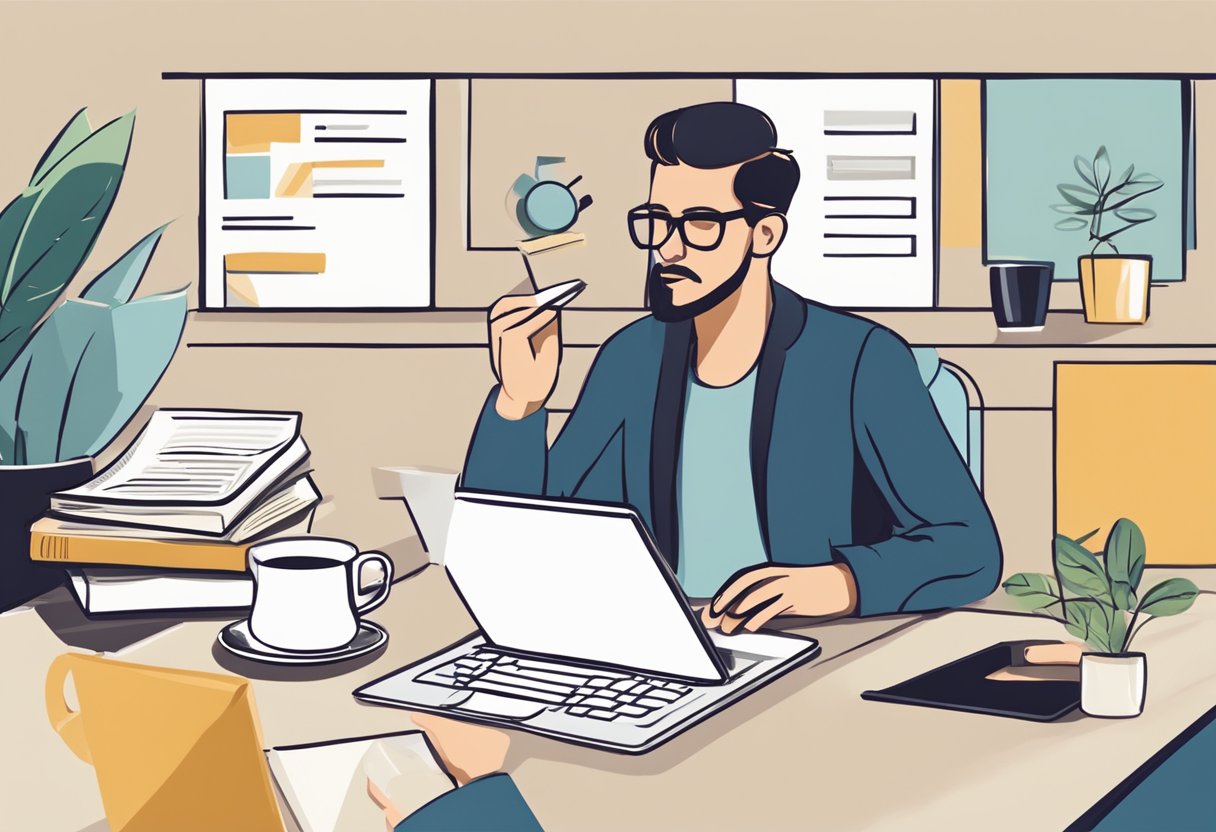 People reading a FAQ page on a laptop with a cup of coffee and a notepad on the side