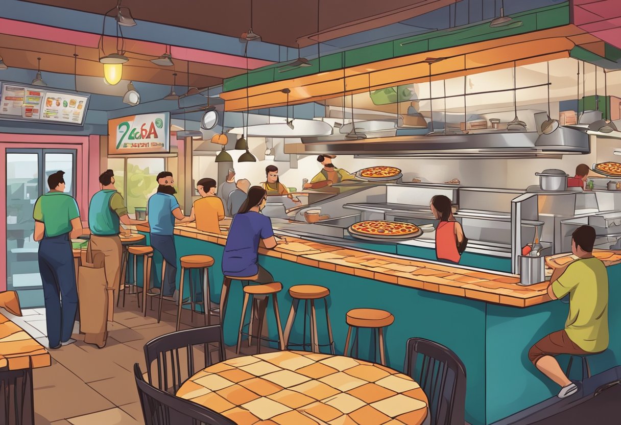 A busy pizza restaurant with a colorful sign, a line of customers, and a bustling kitchen