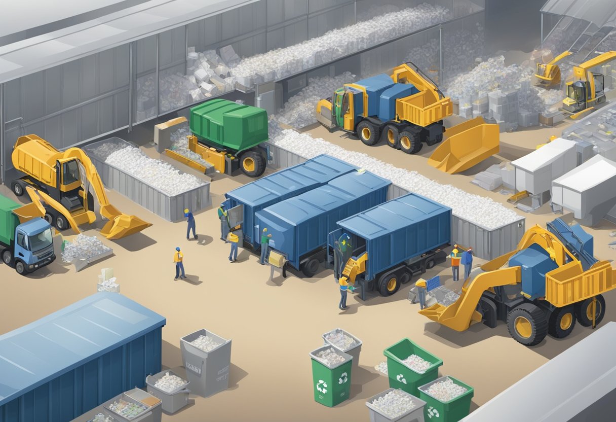 A bustling recycling center with bins for paper, plastic, and glass. A conveyor belt moves items to be sorted and processed. Trucks unload recyclables while workers manage the operation