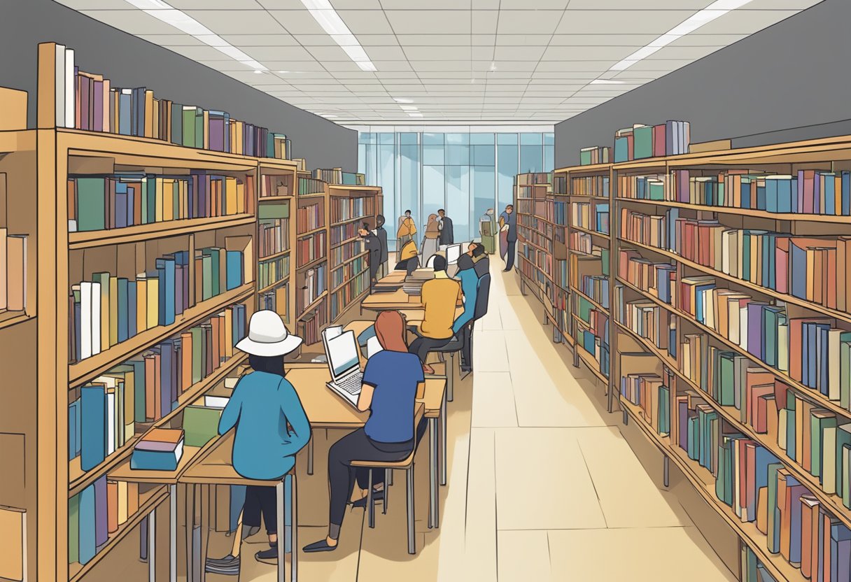 A bustling library with patrons seeking information, browsing shelves, and engaging with staff. The FAQ section prominently displayed, with people consulting the materials