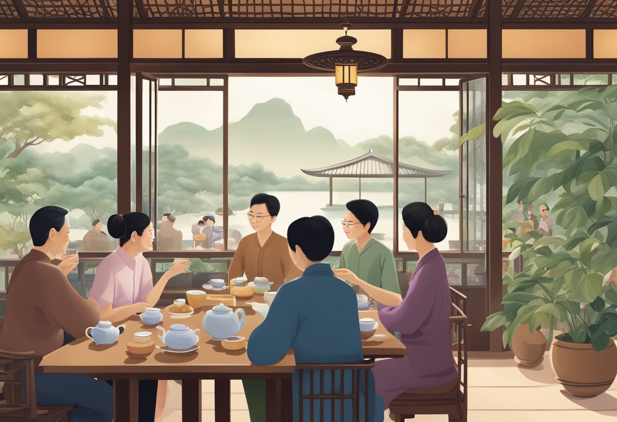 People gather at a traditional tea house in Singapore, sipping on various fragrant teas. The room is filled with the aroma of freshly brewed tea and the sound of gentle conversation
