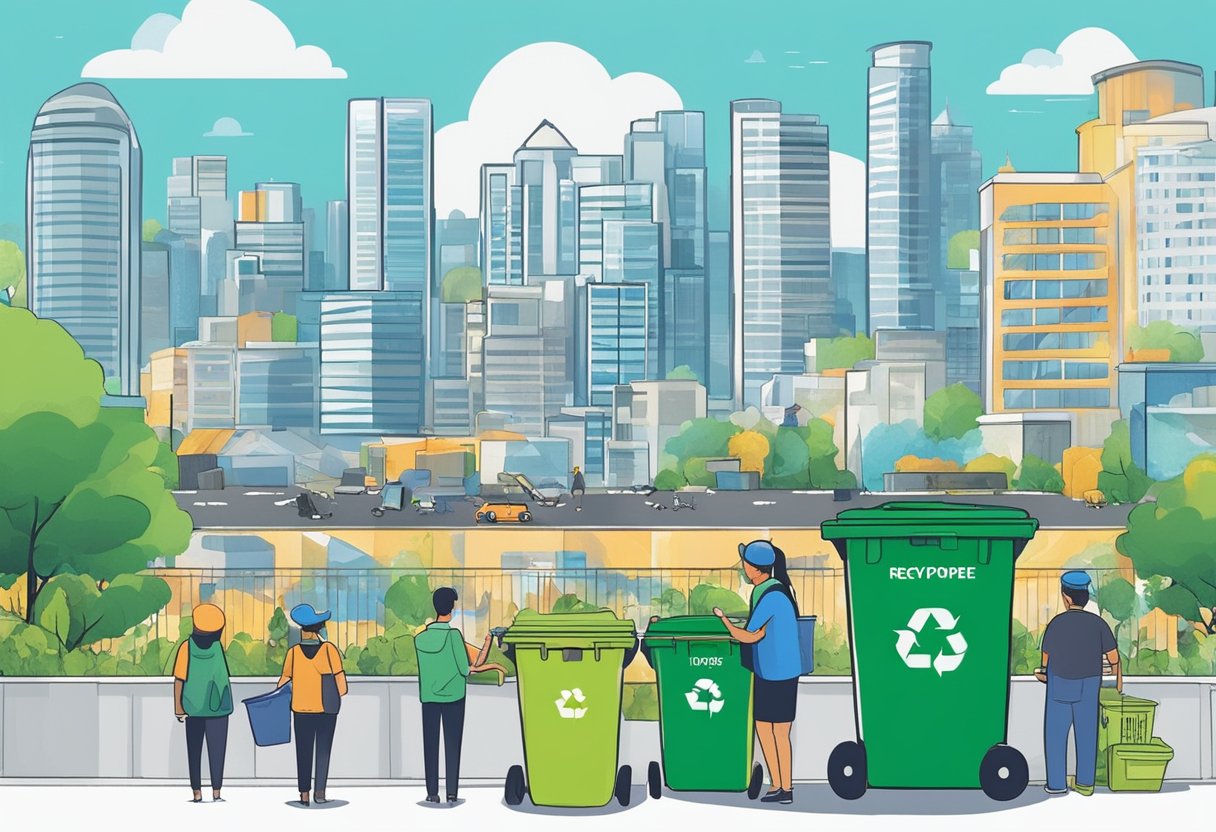 A bustling city skyline with recycling bins lining the streets, as people sort and deposit their recyclables. A waste management facility in the background symbolizes the opportunities and challenges of recycling in Singapore