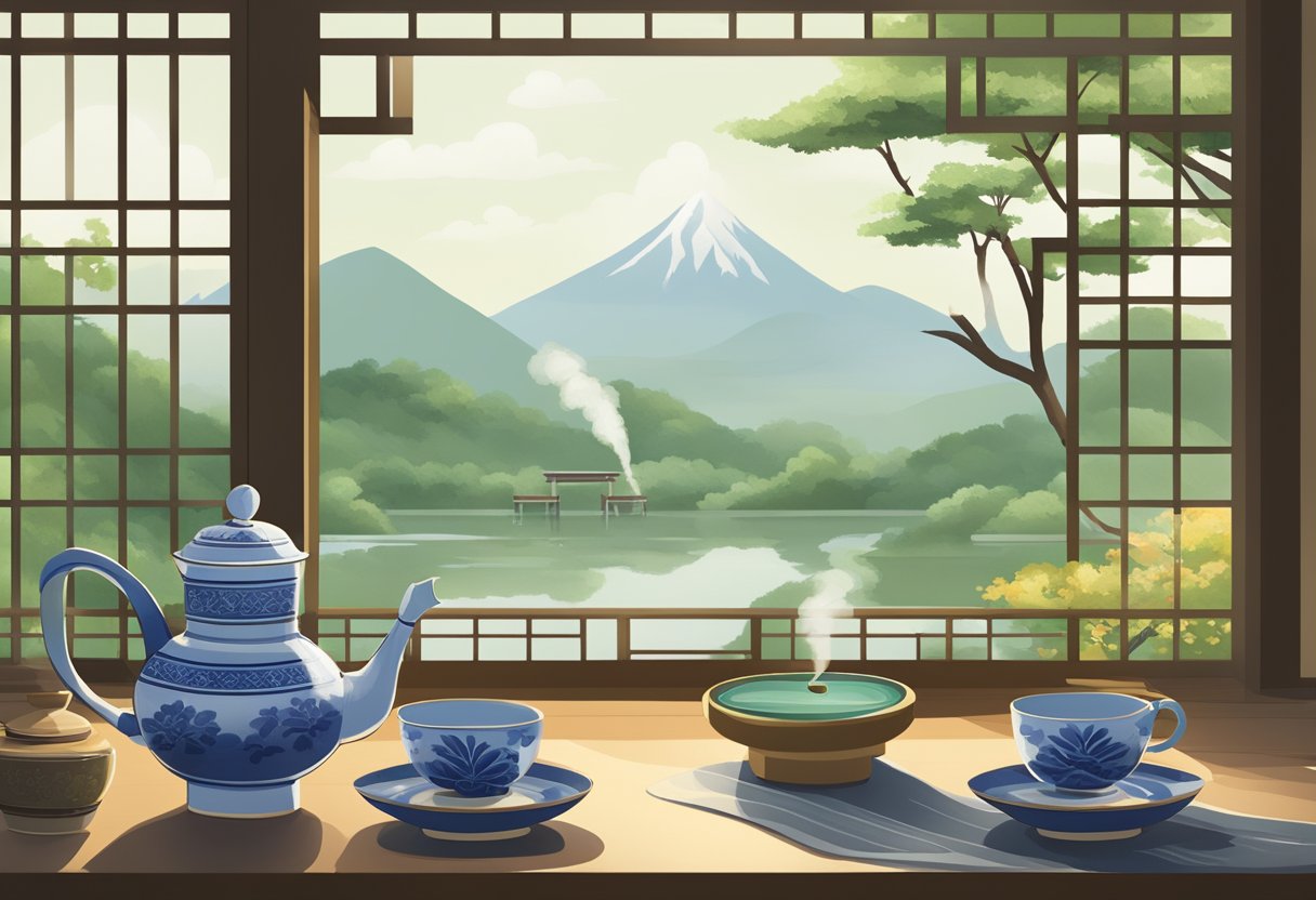 A serene tea ceremony: a steaming teapot, delicate teacups, and a tranquil setting with a view of a lush garden