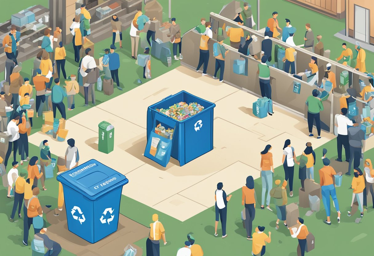 A recycling bin filled with various materials, surrounded by people disposing of items with a "Frequently Asked Questions" sign nearby