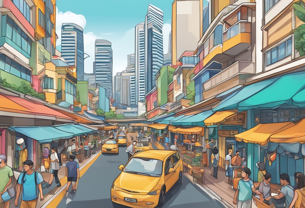 A bustling street in Singapore, with colorful buildings, bustling markets, and iconic landmarks like the Marina Bay Sands and the Singapore Flyer