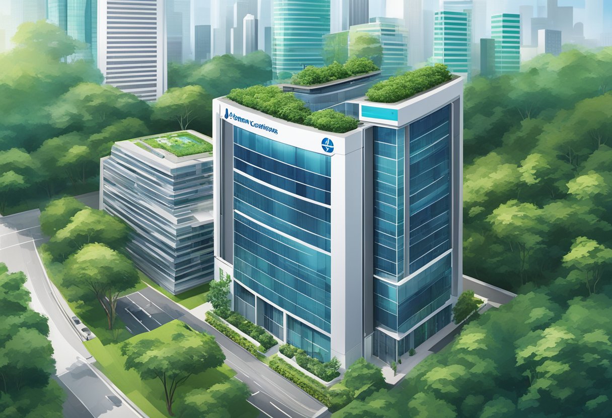 A modern office building with the Johnson Controls Singapore logo prominently displayed on the exterior. The building is surrounded by lush greenery and a bustling cityscape in the background