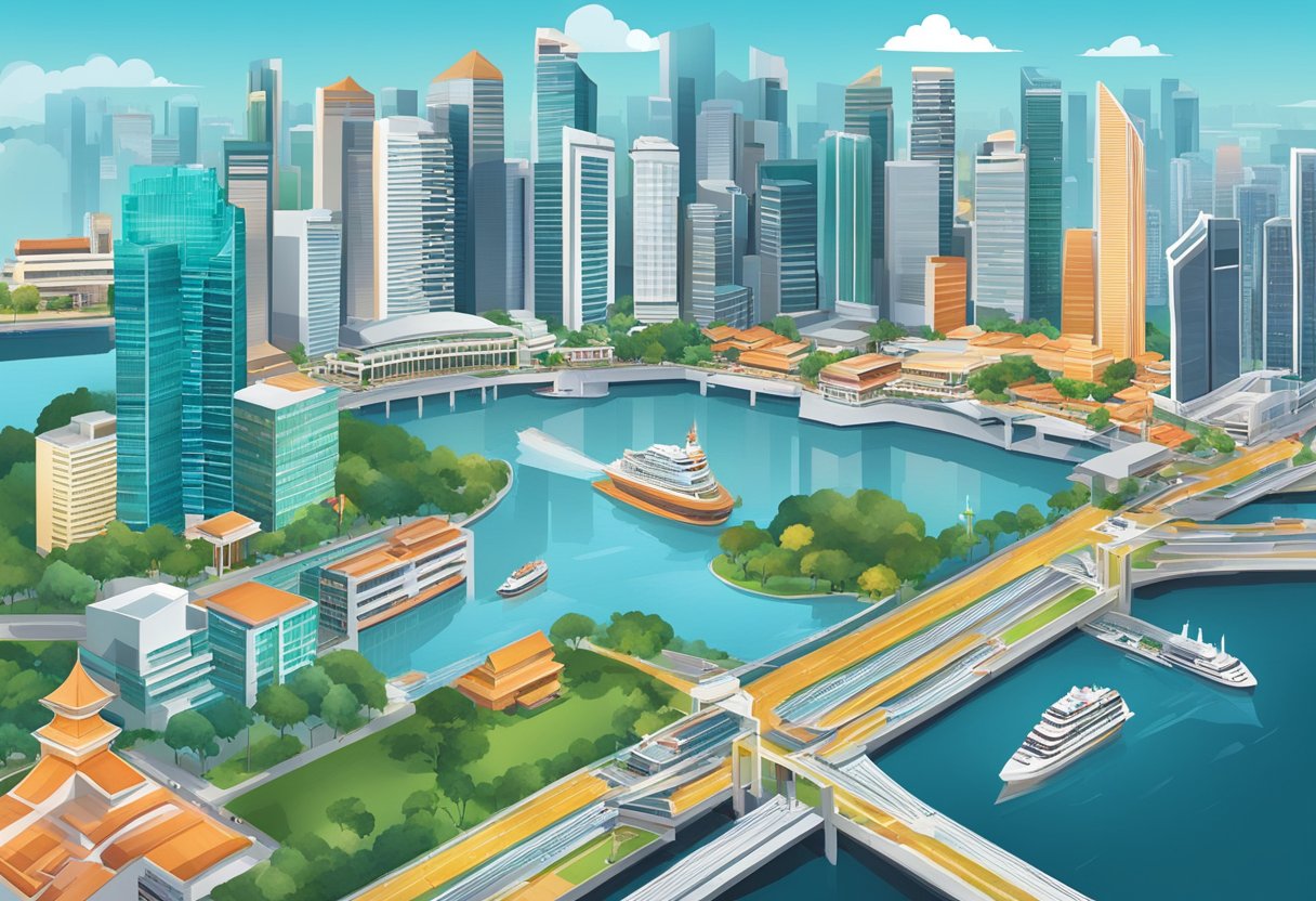 The bustling city of Singapore with iconic landmarks and a vibrant business district, showcasing the growth and expansion of J&T Singapore