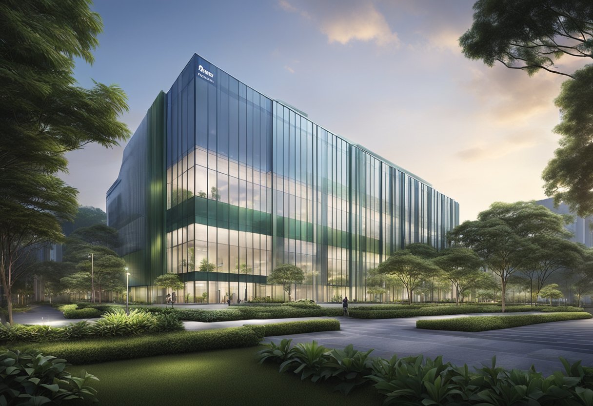 Johnson Controls in Singapore: A modern office building with sleek glass façade and lush green surroundings