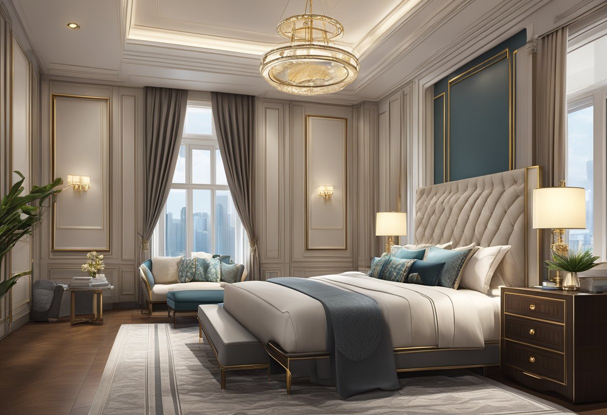 A luxurious king-sized bed dominates a spacious room in Singapore. Rich fabrics and elegant design create a sense of opulence and comfort