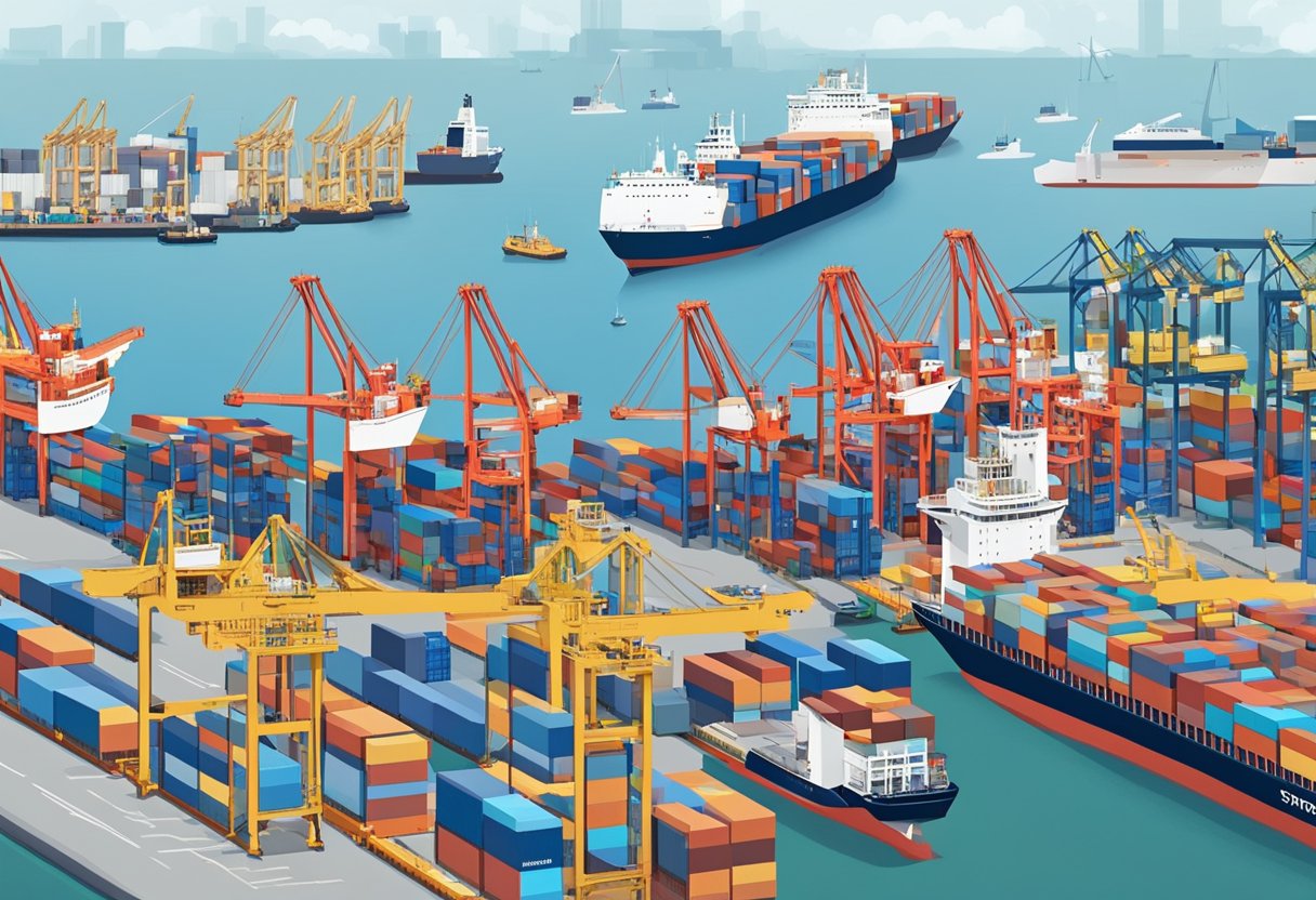 A bustling Singaporean port with ships being loaded and unloaded, cranes moving cargo, and workers managing logistics at Operational Insights J&T Singapore