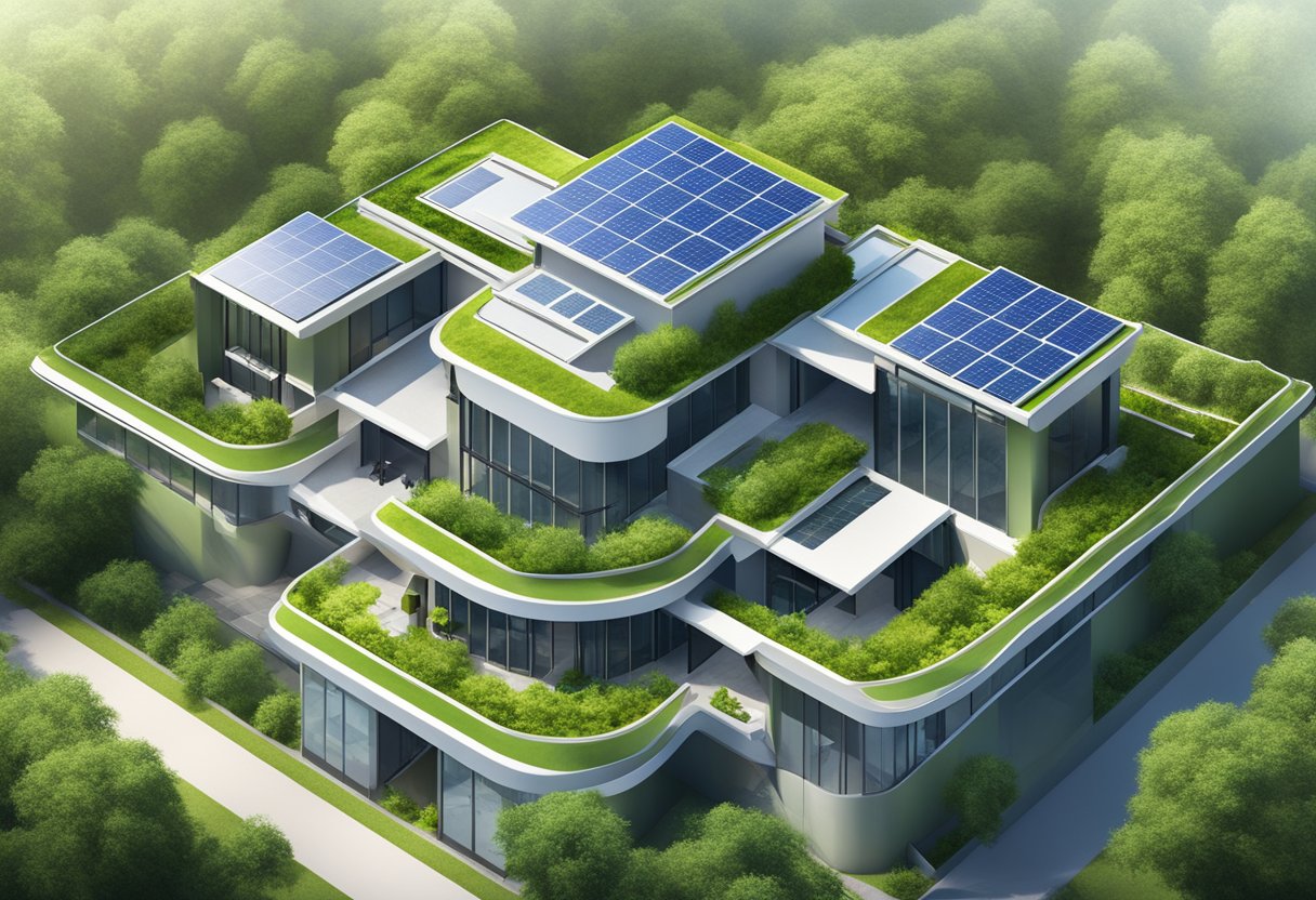 A modern, eco-friendly building with efficient energy systems and advanced technology, surrounded by lush greenery and solar panels