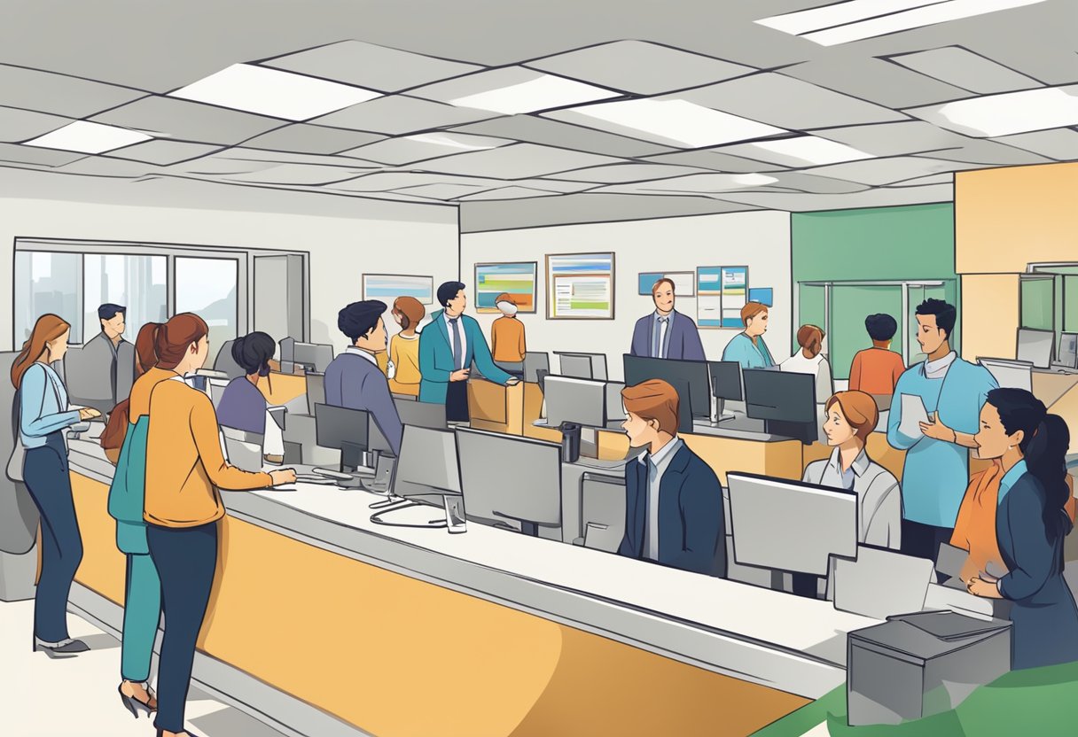 A busy customer service desk with people waiting in line, a sign with "Frequently Asked Questions" and the company logo in the background