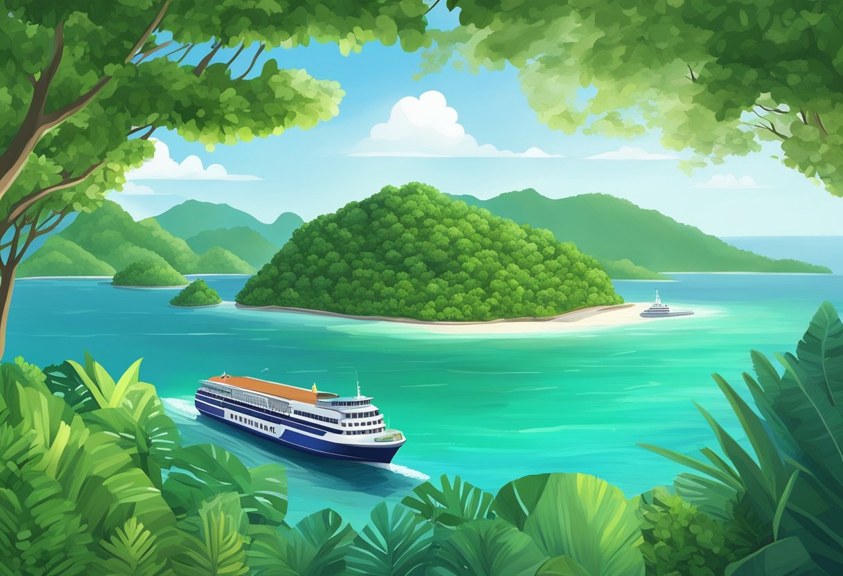 A ferry sails from Singapore to Redang Island, passing by lush green islands and crystal-clear waters