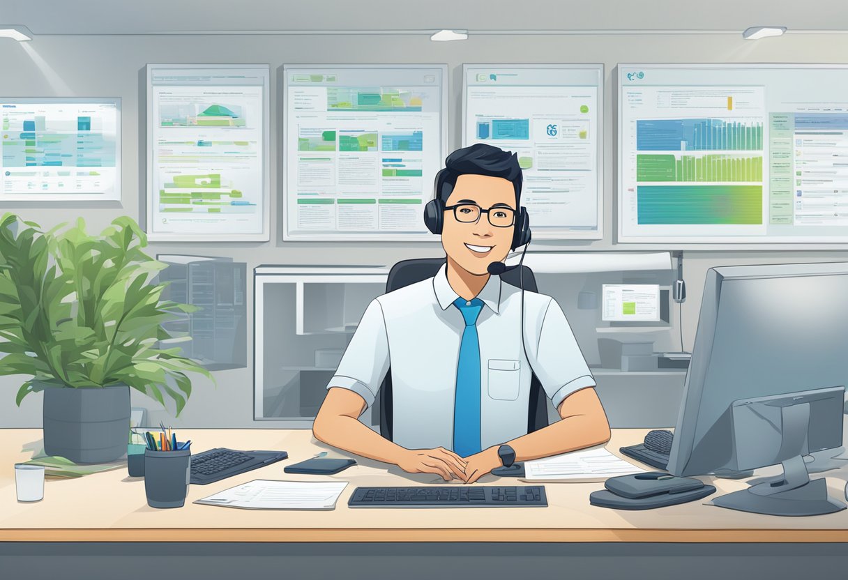 A customer service representative at a desk with a computer, surrounded by a wall display of frequently asked questions about Johnson Controls Singapore